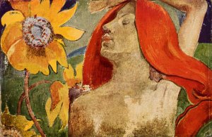 Redheaded Woman And Sunflowers