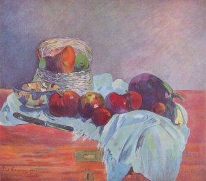 Still life with fruits, basket and measurer